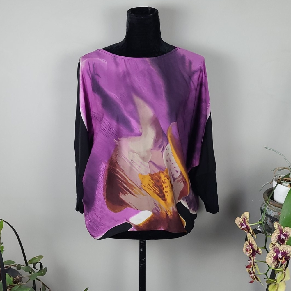 SOYACONCEPT Floral Blouse Purple Black 3/4 Sleeves Size M/L